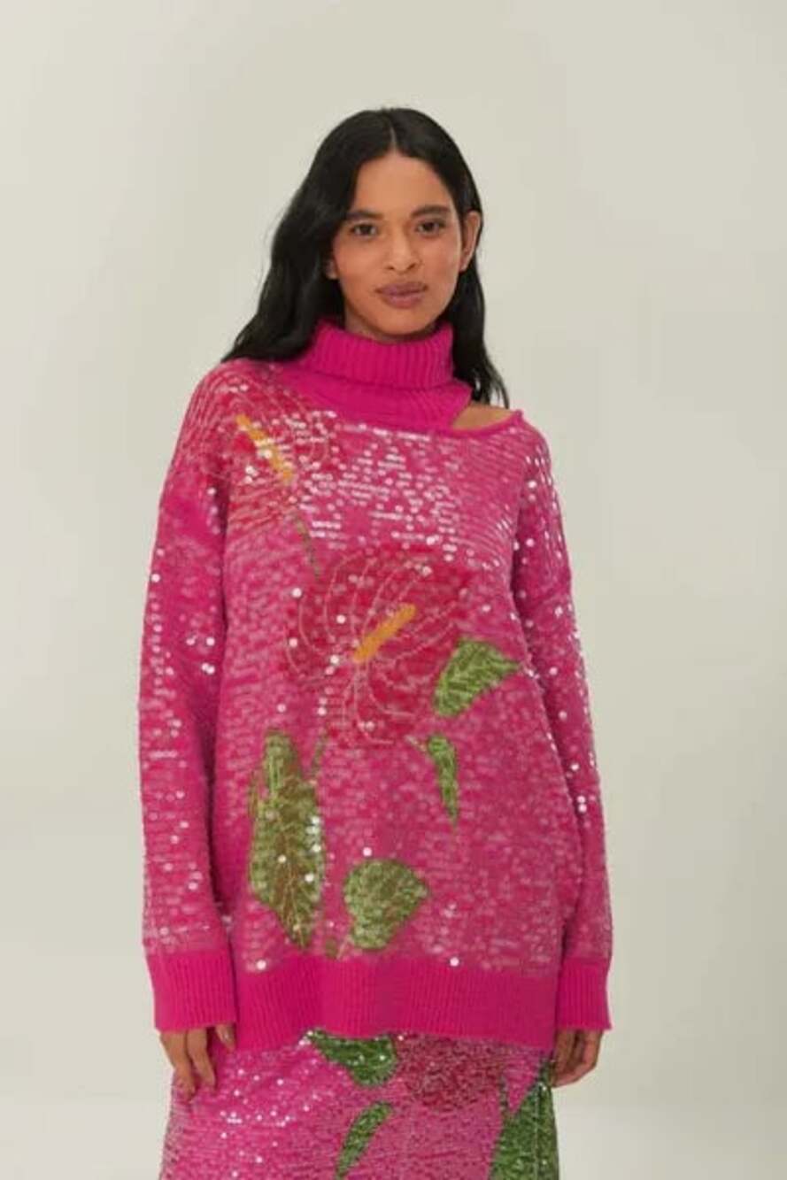 Farm Rio Pink Sequin Floral Turtleneck Sweater Size S